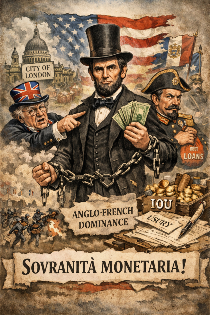 Abraham Lincoln, Greenbacks, sovranità monetaria, moneta di Stato, colonialismo finanziario, City di Londra, imperialismo anglo-francese, debito pubblico, potere bancario, storia economica, Guerra Civile Americana, Legal Tender Act 1862, finanza e politica, anti-colonialismo, sistema monetario, economia politica, controllo finanziario, Stati Uniti XIX secolo, moneta e sovranità, critica al capitalismo finanziario