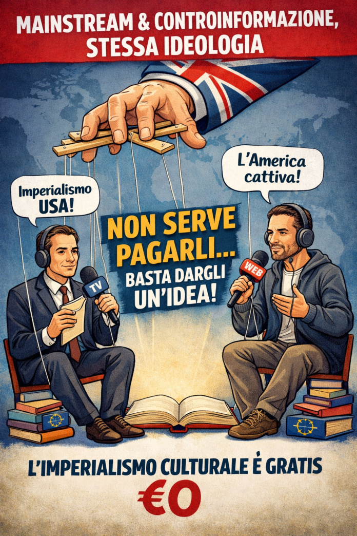 imperialismo, imperialismo britannico, imperialismo americano, geopolitica, egemonia culturale, propaganda mediatica, monocultura ideologica, ideologia progressista, sinistra progressista, Unione Europea, sub-impero europeo, potere normativo, governance globale, mainstream media, controinformazione, dissidenza controllata, manipolazione mediatica, frame narrativi, retorica politica, Donald Trump, Venezuela, imperialismo culturale, colonialismo mentale, soft power, controllo ideologico
